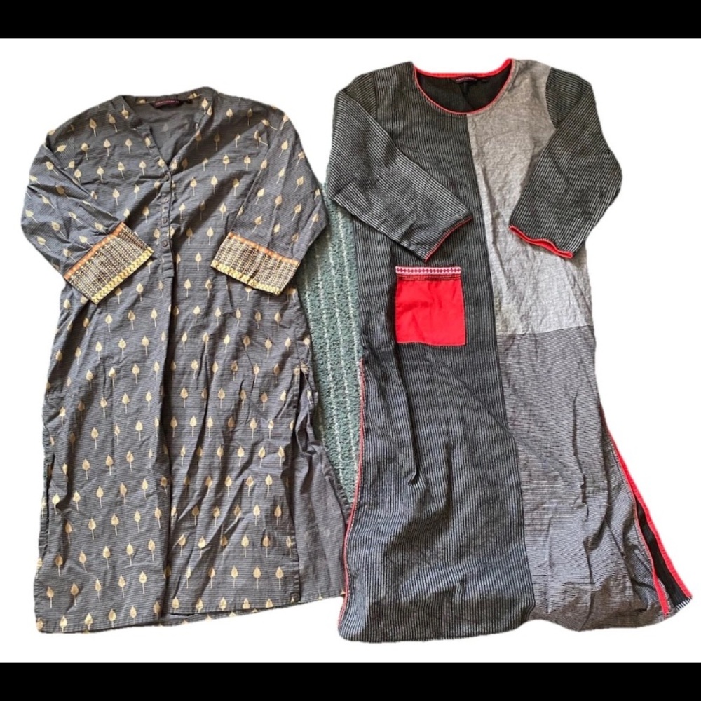 Rangmanch Kurta Tunic Top Dress Large Gray Blue Pineapple Split Hem Indian Boho